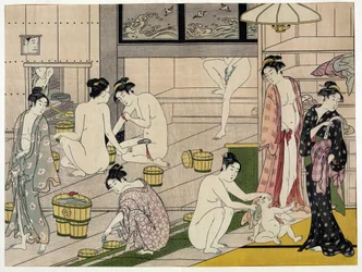 Frauen in einem öffentlichen Bad. Japanischer Druck von Torii Kiyonaga (1752-1815), um 1785. Torii-Schule (Ukiyo-e oder Ukiyo e).