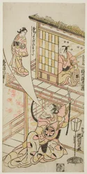 Die Schauspieler Ichikawa Ebizo II als Mushanosuke, Segawa Kikunojo I als Ochiyo und Matsushima Kichisaburo als Ochiyos Geist im Stück "Higashiyama Gojitsu Yaoya Hanbei," aufgeführt im Nakamura Theater im achten Monat, 1744