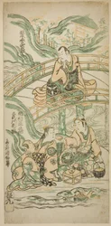 Die Schauspieler Matsumoto Koshiro II als Kumasaka Chohan, Ichimura Kamezo I als Ise no Saburo und Sanogawa Ichimatsu I als Ushiwakamaru im Stück Hatsu Tora Kurama Genji, aufgeführt im Ichimura Theater im ersten Monat, 1749