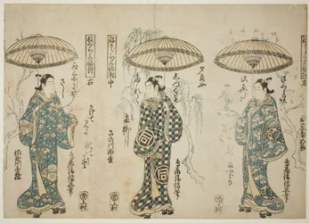 Die Schauspieler Onoe Kikugoro I (rechts), Sanogawa Ichimatsu I (Mitte) und Sanogawa Senzo (links), aus dem Triptychon "Negura sanpukutsui"