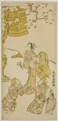 Die Schauspieler Segawa Kikunojo II, Ichikawa Komazo II und Arashi Otohachi I im Stück "Fude Hajime Soga no Tamazusa," aufgeführt im Nakamura-Theater im ersten Monat, 1768