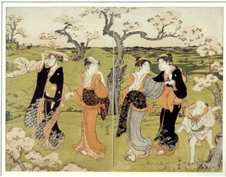 Picknick unter Kirschblüten in Assaakayama. Japanischer Druck von Torii Kiyonaga (1752-1815), Ukiyo-E-Stil