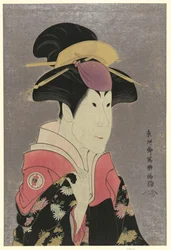 Segawa Tomisabur, ein Schauspieler, Kopf-und-Schultern-Porträt, nach rechts blickend, in der Rolle von Yadorigi, der Frau von Ogishi Kurando