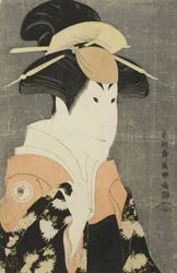Der Schauspieler Segawa Tomisaburo II als Yadorigi, Ehefrau von Ogishi Kurando, 1794