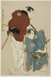 Die Schauspieler Ichikawa Omezo I (R) als Tomita Hyotaro und Otani Oniji III (L) als Kawashima Jibugoro