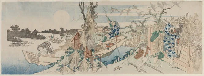 Landschaft mit Fähre, Gänsen und Vollmond