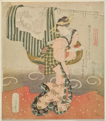 Frau, die eine Sake-Tasse vor einem Vorhang und drapiertem Kimono hält (Serie: Fünf Blätter für die Blumenbetrachtung)