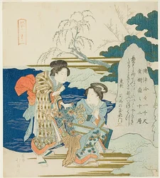 Frauen lesen eine Stele-Inschrift, aus der Serie "Die zwölf Schreine von Yotsuya"