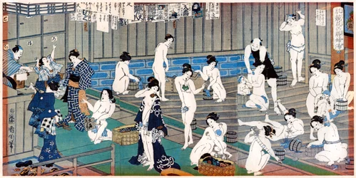 Badeszene, ein Druck von Toyohara Kunichika