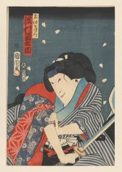 Ohatsu, schwingt ein Schwert, Angriff auf Iwafuji. Sawamura Tanosuke III als Ohatsu (Titel auf Objekt)