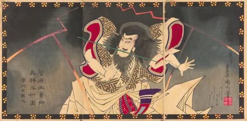 Der Schauspieler Ichikawa Udanji I als Sugawara no Michizane im Stück "Shinrei Sugawara Jikki," aufgeführt im Haruki Theater im vierten Monat, 1883