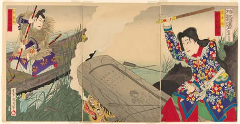 Die Schauspieler Nakamura Fukusuke IV als Neiojo und Ichikawa Danjuro IX als Hachiro Tametomo