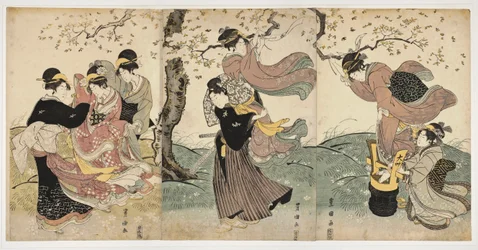 Japanische Kunst: Blumen im Wind (Szene mit Frauen und einem Mann, die Bänder in die Äste eines Baumes hängen)