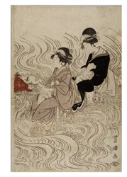 Gesellschaft von Kurtisanen, die einen wellenreichen Fluss durchqueren