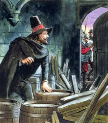 Guy Fawkes, bei der Vorbereitung der Pulververschwörung ertappt, 1605, um 1900