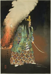 Szene eines No-Dramas: Die Goldenen Reize, aus der Serie "Hundert No-Dramen (Nogaku hyakuban)"