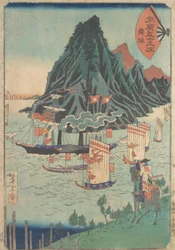 Dreiundfünfzig Stationen von Suehiro: Krieger betrachtet vorbeifahrendes Dampfschiff, ca. 1865