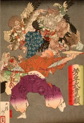Hōjō Takatoki, Herr von Sagami, wehrt mit seinem Fächer Tengu ab