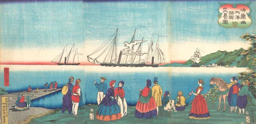 Illustration eines großen französischen Hafens, der mit vielen Nationen Handel treibt, Furansukoku oomi..., 4. Monat, 1866.