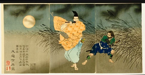 Triptychon von "Fujiwara No Yasumasa spielt Flöte im Mondlicht", 1883
