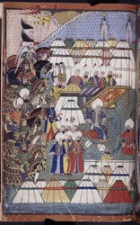 Add. 22011 f.199, Lala Mustafa Pascha im Lager nach seinem Sieg bei Kars-Nusretname, aus 