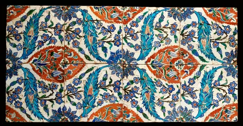 Acht zusammengesetzte Iznik-Polychrom-Quadratkacheln, ca. 1575
