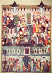 H 1517, fol. 17v, Thronbesteigung Süleymans des Prächtigen (1494-1566), aus dem „Süleymanname“ von Arifi, 1558