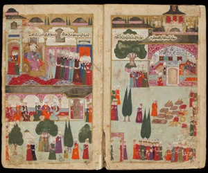 Die Krönung des osmanischen Sultans Mehmed III. (1566-1603) im Topkapı-Palast im Jahr 1595 (aus dem Manuskript Mehmeds III. Feldzug in Ungarn) - ca. 1600