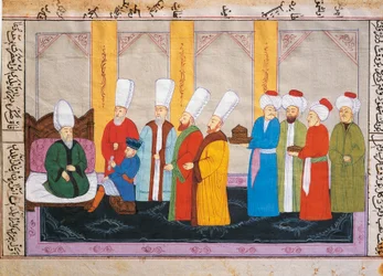 Osmanische Miniatur, die einen europäischen Botschafter am Hof des Topkapi-Palastes darstellt, Manuskript, Türkei