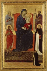 Maria mit Kind auf dem Thron mit den Heiligen Petrus, Paulus, Johannes der Täufer, Dominikus und einem Stifter, 1325-35
