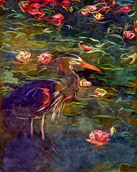 Malerischer Reiher und Seerosen