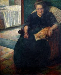 Madame Virginie. Porträt einer korpulenten sitzenden Frau mit ihrer Katze auf den Knien. 1905. Maße: 140 x 115,5 cm. Mailand, Museo del Novecento