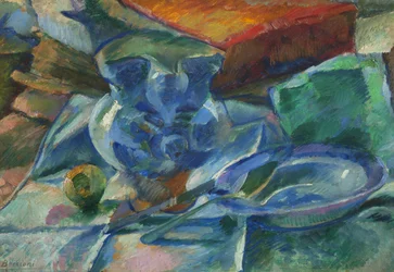 Stillleben mit Töpferwaren, Besteck und Früchten, 1915