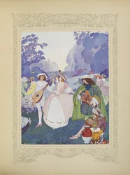Es gab Hirten und Hirtinnen, die zu den Klängen von Flöten und Dudelsäcken tanzten, Illustration aus 