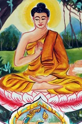 20151029, Vientiane, Laos: Buddhistischer Tempel Wat Inpeng. Gemälde mit der Lebensgeschichte des Buddha Shakyamuni. Der lehrende Buddha stellt einen bestimmten Moment im Leben des Buddha dar, nämlich die erste Predigt, die Buddha nach dem Erlangen der