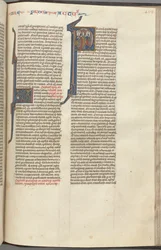 74. Fol. 463r, Apostelgeschichte, historiierte Initiale P, die Himmelfahrt, um 1275-1300
