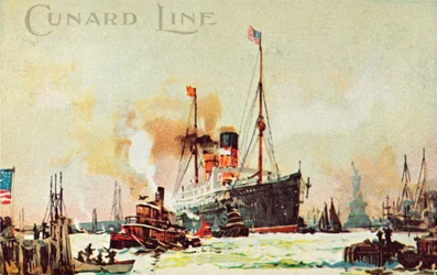 Ein Cunard-Ozeandampfer fährt in den North River, New York City, USA, um 1900