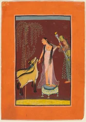 Eine Dame mit Begleiter und einem Paar Hirsche, wahrscheinlich Gujari Ragini von Dipak, aus einem Pahari Ragamala