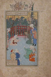 Ein religiöser Verehrer wird gerufen, um für die Genesung des Königs zu beten, Folio aus einem Bustan