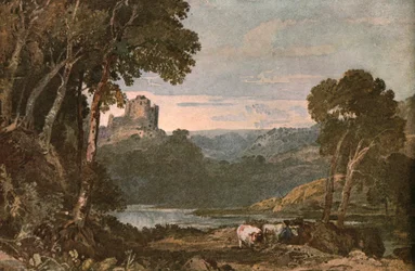 Eine Flusslandschaft mit Kühen, um 1900