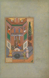 Ein Raufbold verschont das Leben eines armen Mannes, Folio 4v aus einem Mantiq al-tair Sprache der Vögel, 16. Jahrhundert