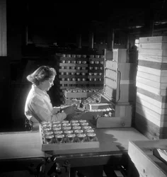Eine Arbeiterin packt Zigarettendosen, London 1950