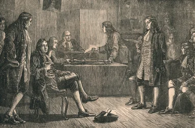 Ein Treffen der Royal Society in Crane Court, Fleet Street, London, 18. Jahrhundert, ca. 1880