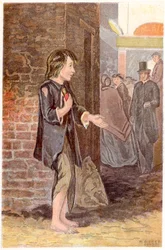 Ein armer Junge, barfuß und in Lumpen, bettelnd an einer Straßenecke, um 1880