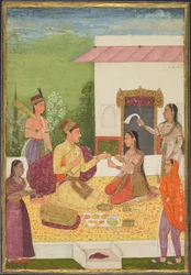 Ein Prinz unterhält sich mit einer Frau bei Erfrischungen auf einer Terrasse, um 1710-1720