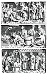 Ein Triptychon der Heilungsarbeit von St. Remy, Bischof von Reims, 11. Jahrhundert