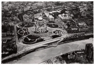 Luftaufnahme der Kathedrale Christi des Erlösers, Moskau, UdSSR, aus einem Zeppelin, 1930-1933