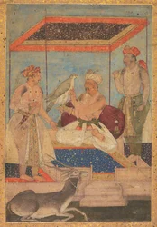 Akbar und Jahangir untersuchen einen Ghir-Falken, während Prinz Khusrau dahinter steht