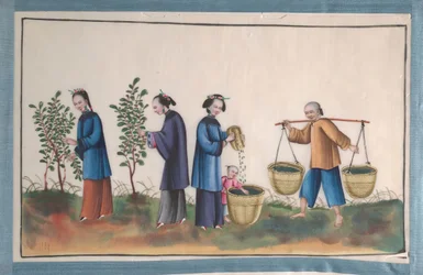 Album mit zwölf Gemälden von Menschen bei der Seidenherstellung, 19. Jahrhundert