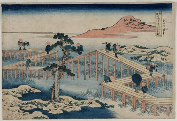 Ein altes Bild der Acht-Teil-Brücke in der Provinz Mikawa..., frühe 1830er Jahre